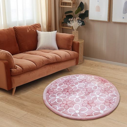 Tapete redondo japonês com estampa floral e núcleo acolchoado de alta densidade. Cor: Rosa Flor